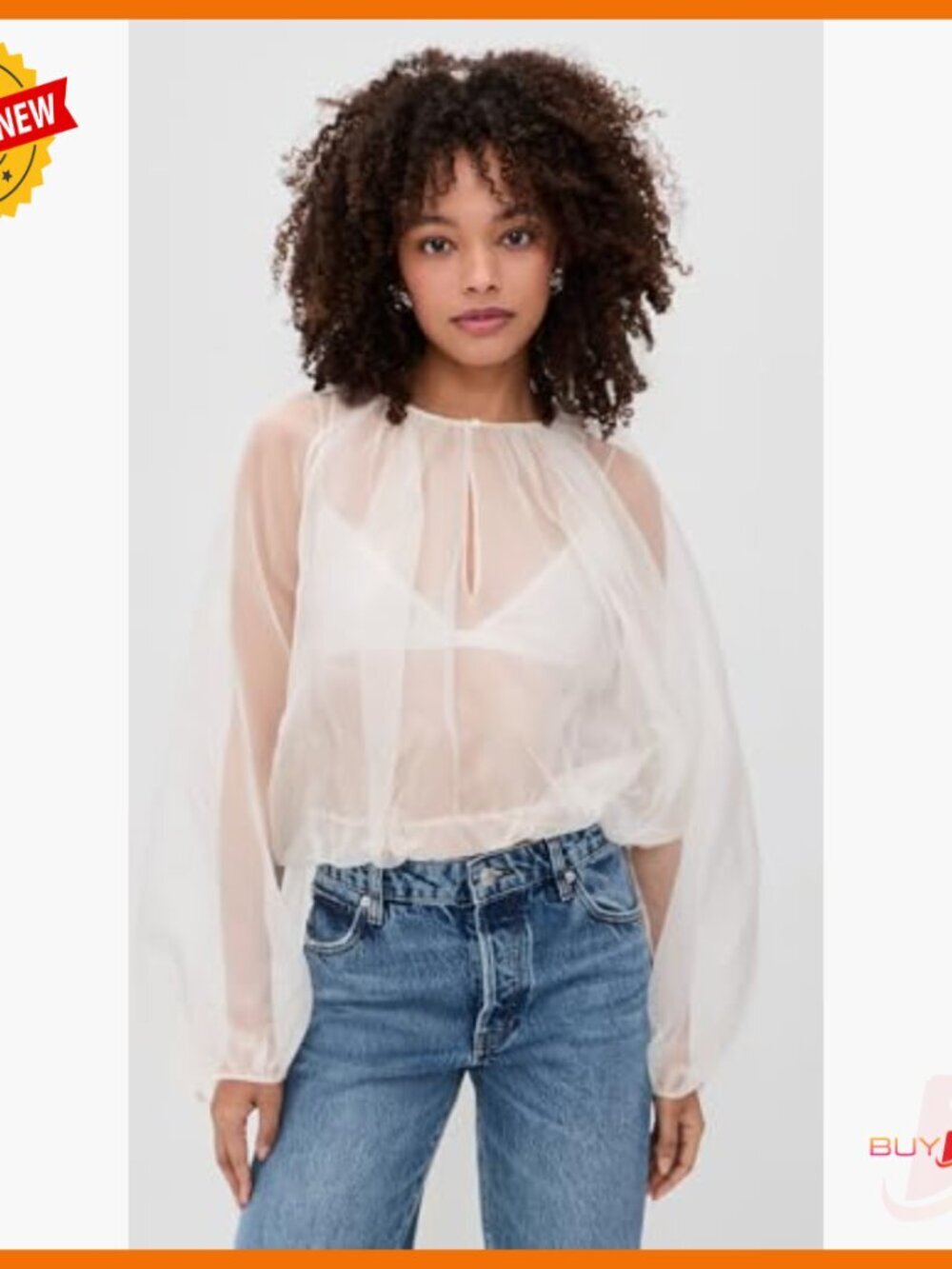 Silk Sheer Balloon Blouse Long Sleeve Crew Neck Pull On - Picture 2 of 6